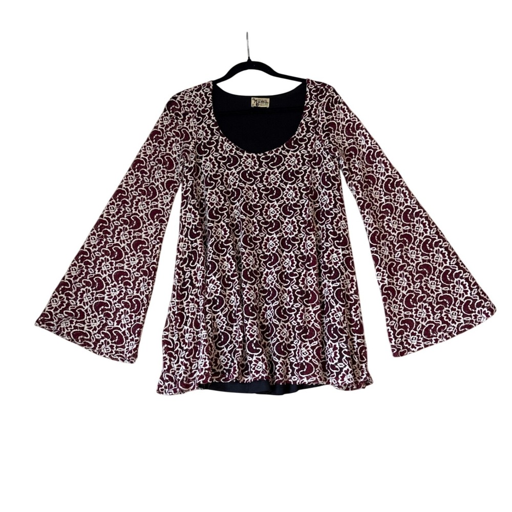 Show Me Your Mumu Tunic Women Burgundy Floral Lace Bell Sleeve Boho SIZE S